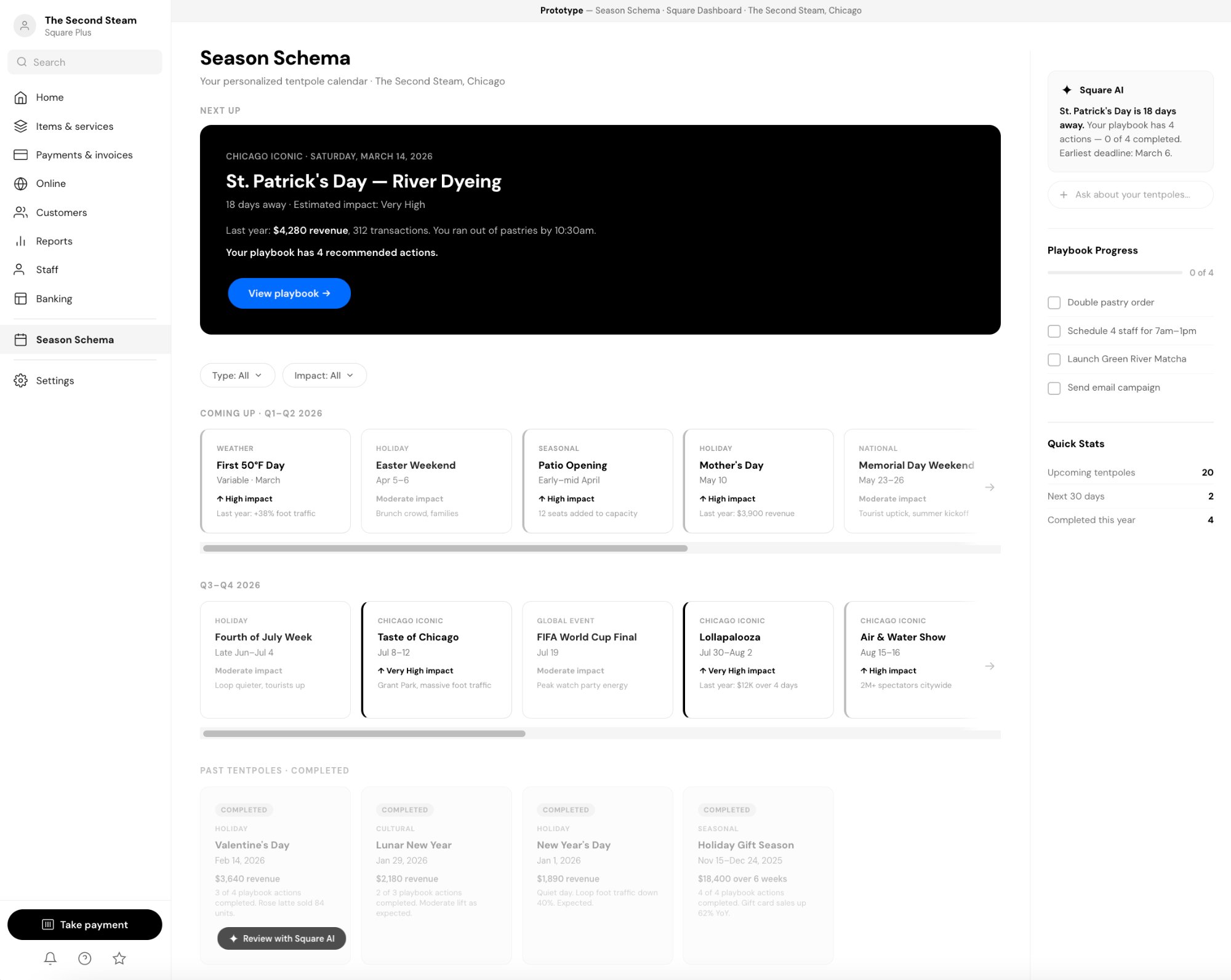 Season Schema calendar view showing tentpole events
