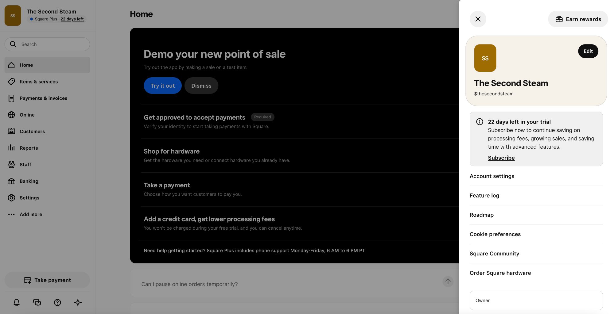 The Second Steam's real Square Dashboard